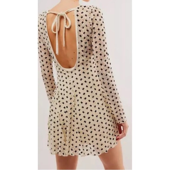 Free People Sheer Delight Lace Boho Minidress Womens Medium Off White Velvet Bow - Picture 7 of 16
